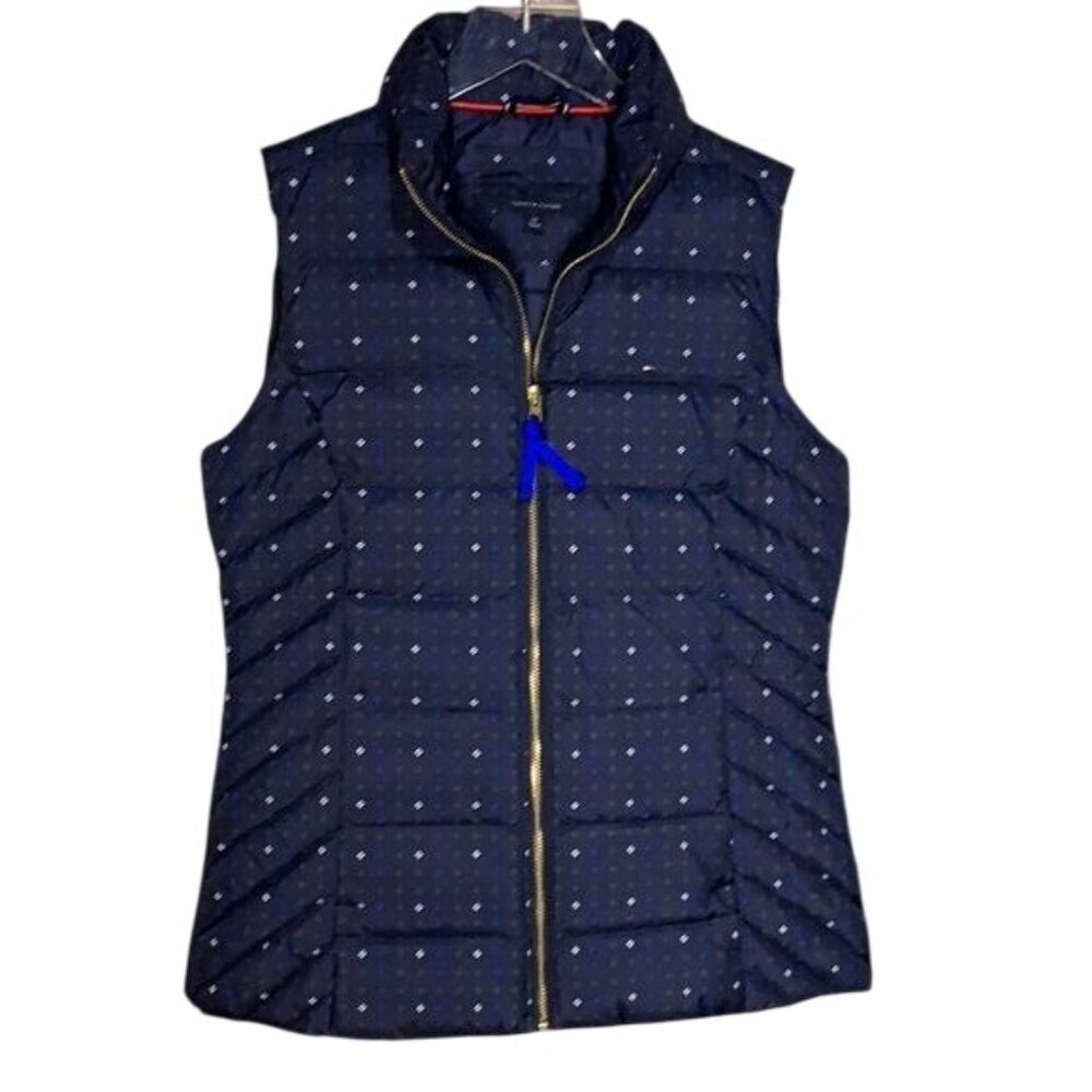 Tommy Hilfiger Womans S Blue White Green Dots Puffer Vest Pockets